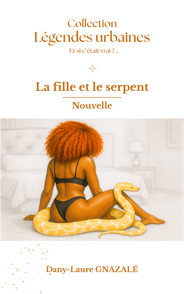 Jeune femme en dessous noirs, de dos, assise sur un sol carrelé de marbre. Un grand serpent jaune et beige l'entoure.